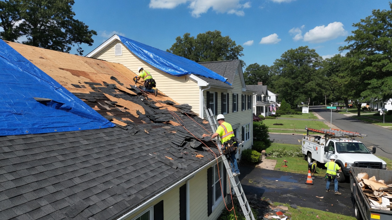 Emergency roof repair service in Tranquillity, NJ showcasing expert technicians addressing storm damage